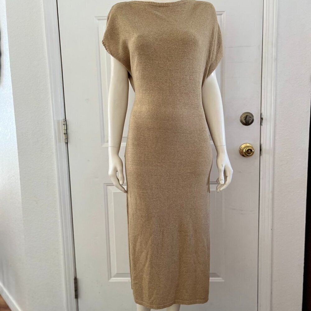 Chrysanthemum Woman's Beige Wrap Belted Knit Midi Dress Sz Med